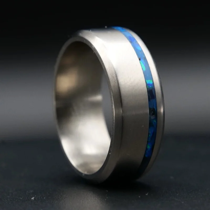 women promise rings -Titanium Glowstone Ring | Offset Inlay Ring with Crushed Opal