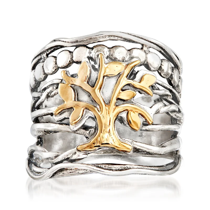 women heart-cut engagement rings -Ross-Simons Sterling Silver and 14kt Yellow Gold Multi-Row Tree Of Life Ring