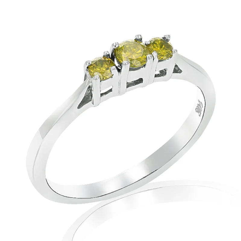 women birthstone engagement rings -1/4 cttw 3 Stone Yellow Diamond Engagement Ring in 14K White Gold Round