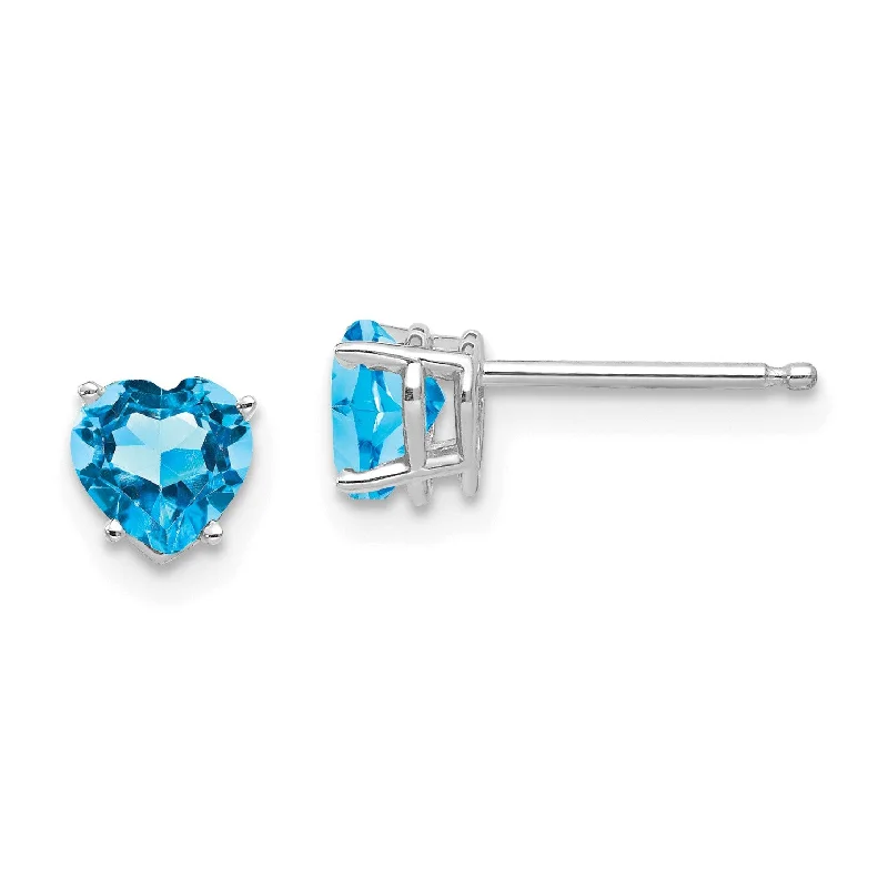 women eco-friendly earrings -5MM Heart Shape Swiss Blue Topaz Stud Earrings in 14KT White Gold