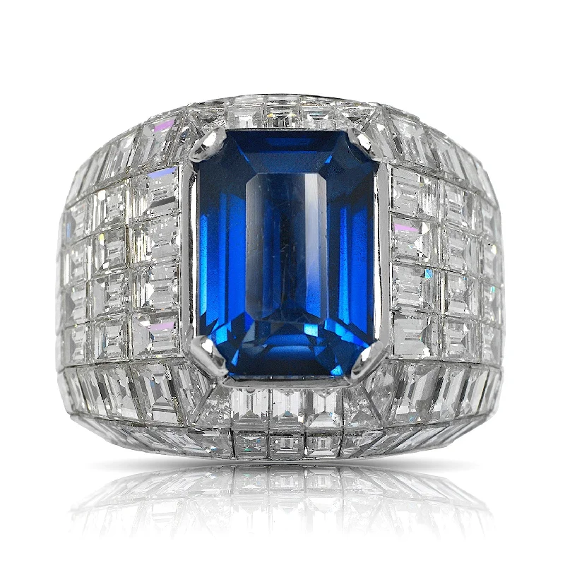 women eternity rings -DROGON 30 CARAT MEN’S SAPPHIRE AND DIAMOND CHANDELIER RING 14K WHITE GOLD. 8 CT CEYLON ROYAL BLUE EMERALD CUT SAPPHIRE BY MIKE NEKTA