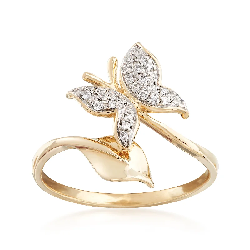 women cushion-cut engagement rings -Ross-Simons Diamond Butterfly Ring in 14kt Yellow Gold