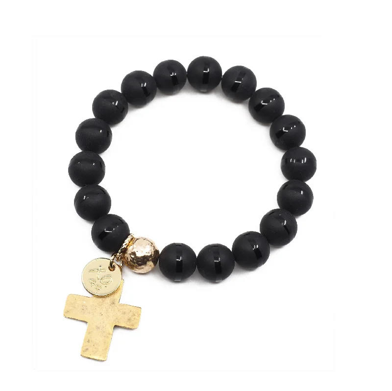 women thick bangles -The Luna Bracelet in Black Onyx with Cross