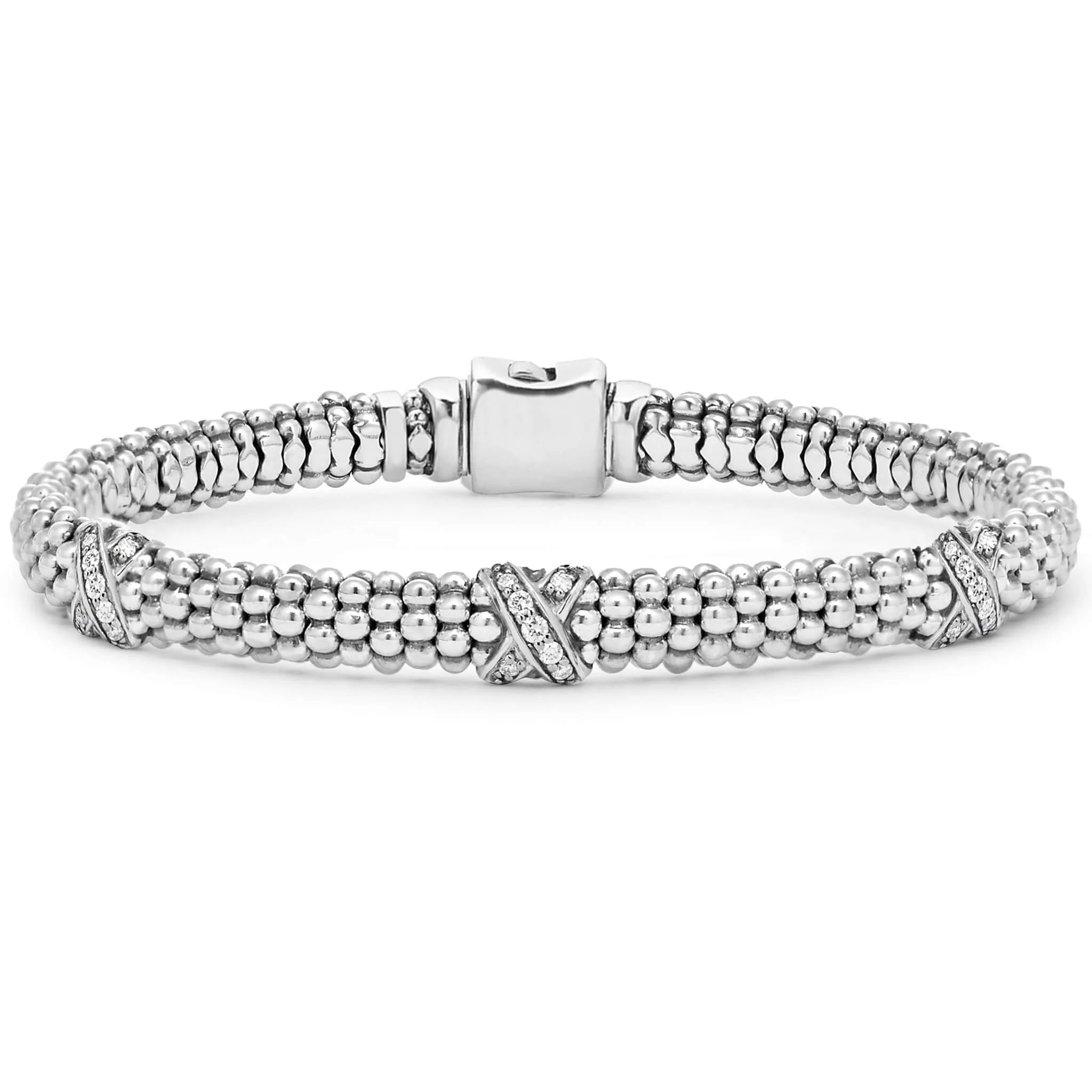 women diamond bangles -Lagos Lux Three Station Silver X Diamond Bracelet 6mm