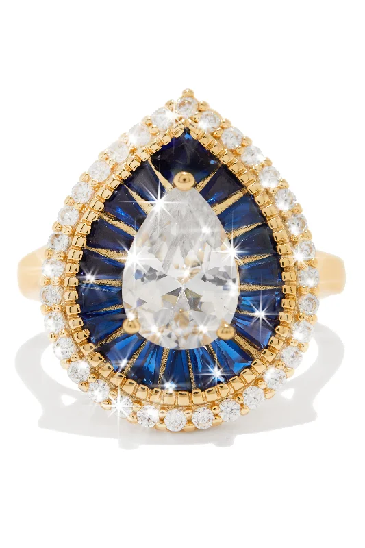 women eternity rings -Ice Queen Gold Plated CZ Tear Drop Ring - Gold/Blue