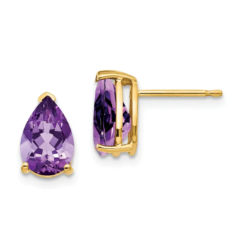 women gemstone earrings -9X6MM Pear Amethyst Stud Earrings in 14KT Yellow Gold