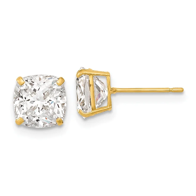 women artistic earrings -7MM Cushion Cubic Zirconia Stud Earrings in 14KT Yellow Gold