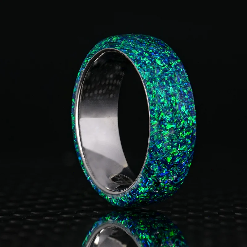 women silver-plated rings -Black Emerald Opal Dust Glowstone Ring