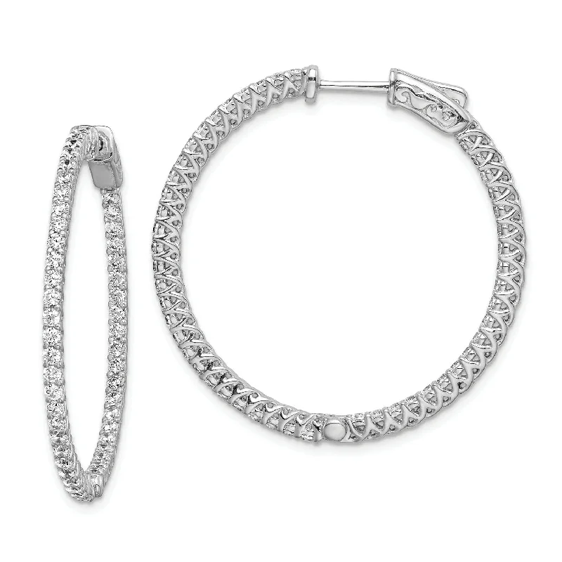 women eco-friendly earrings -Sterling Silver Cubic Zirconia 30MM Safety Clasp In & Out Hoop Earrings