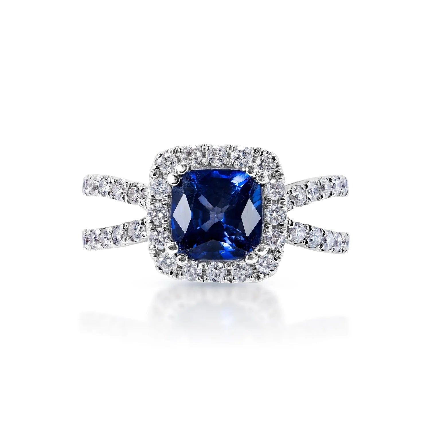 women unique rings -Hayden 3 Carat Cushion Cut Blue Sapphire Ring in 14 Karat White Gold