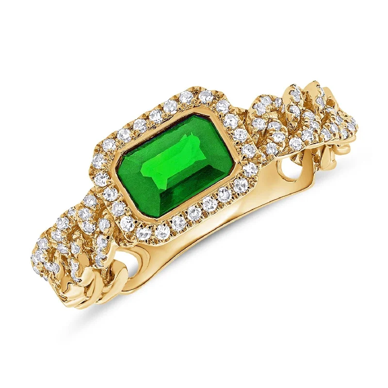 women silver-plated rings -14k Gold Green Emerald & Diamond Link Ring