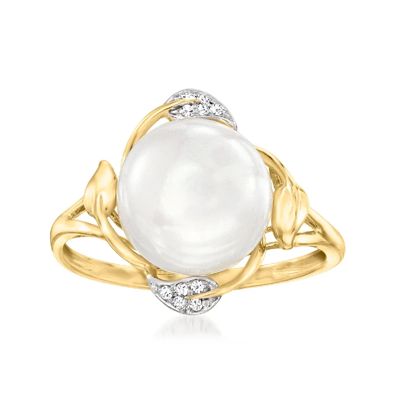 women stacked engagement rings -Ross-Simons 10-10.5mm Cultured Pearl Leaf Ring With Diamond Accents in 14kt Yellow Gold