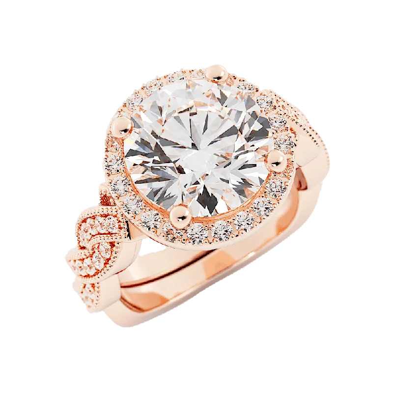 women classic wedding engagement rings -3.3 Carat Round Diamond Twist Halo Engagement Ring 14k Rose Gold