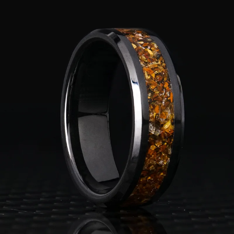 women anniversary rings -Tiger's Eye Glowstone Ring on Black Ceramic