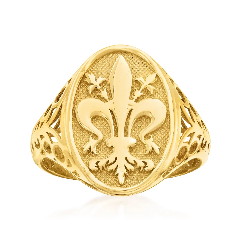 women creative engagement rings -Ross-Simons Italian 14kt Yellow Gold Fleur-De-Lis Signet Ring