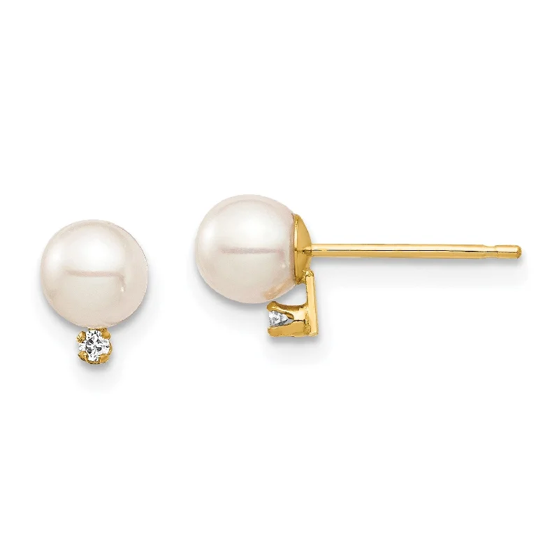 women gold earrings -4MM Round Pearl and Diamond Stud Earrings in 14KT Yellow Gold