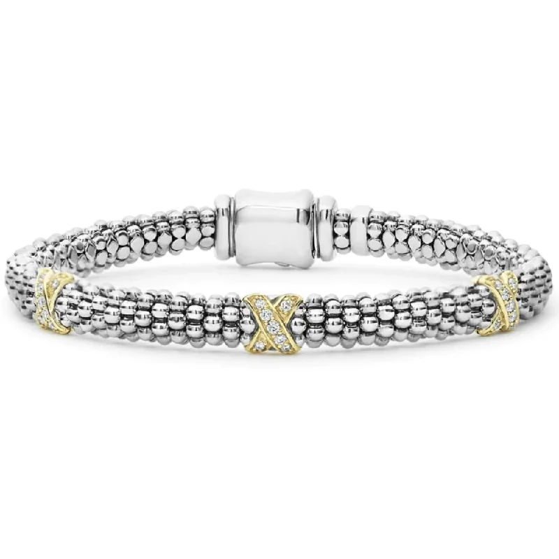 women dainty bracelets -Lagos Three Station Gold X Diamond Caviar Bracelet