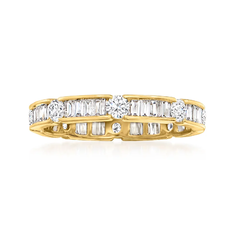 women sparkling engagement rings -Ross-Simons Round and Baguette Diamond Eternity Band in 14kt Yellow Gold