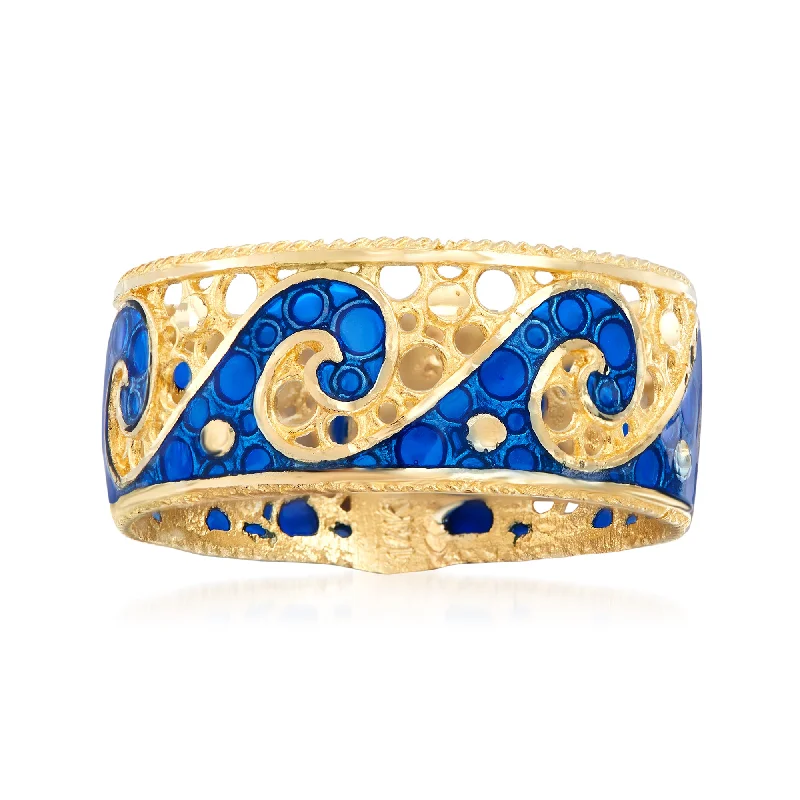 women eco-friendly engagement rings -Ross-Simons Italian 14kt Yellow Gold Wave Ring With Blue Enamel