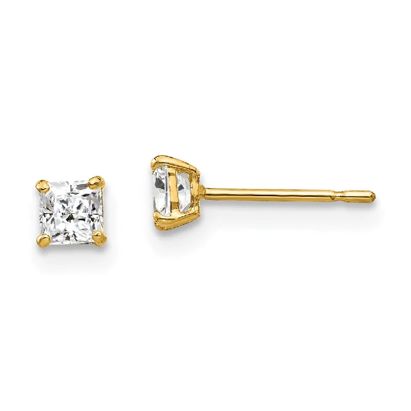 women long earrings -14KT Yellow Gold 3MM Square Cubic Zirconia Stud Earrings