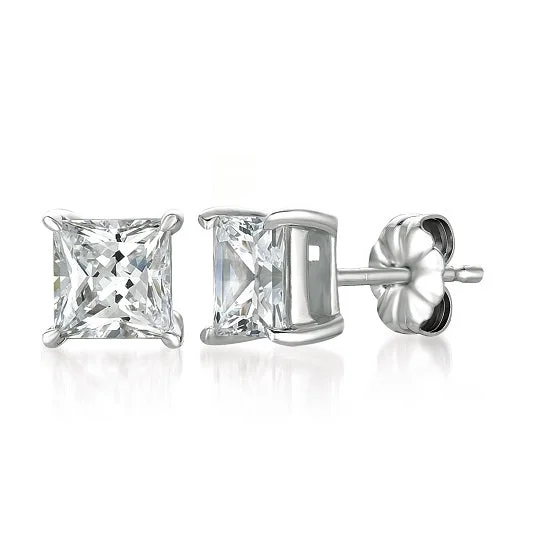 women handcrafted earrings -Crislu Platinum Plated Sterling Silver Princess Cut Cubic Zirconia Stud Earrings