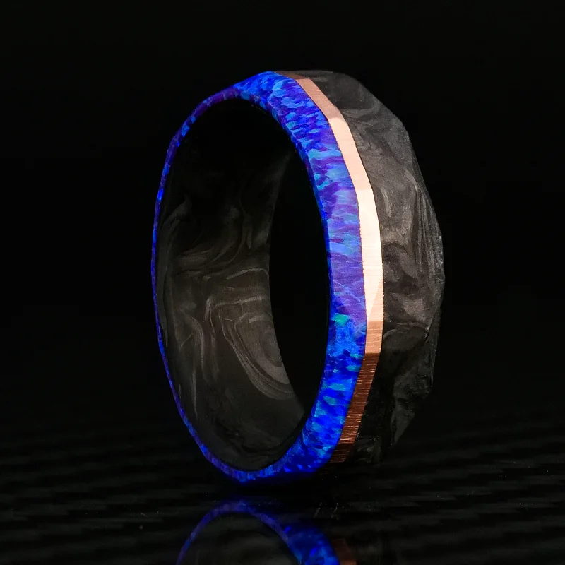 women silver-plated rings -Faceted Forged Carbon Fiber, Gold, and Opal Ring