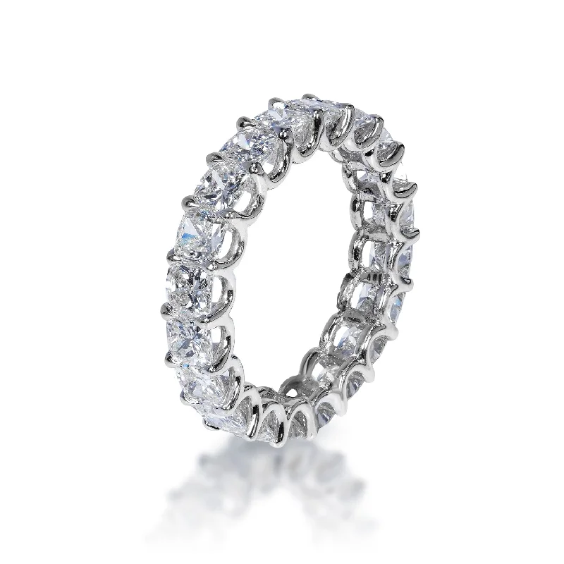 women stacked wedding rings -Ellis 4 Carats Cushion Cut Diamond Eternity Ring in 18k White Gold U-Shape Shared Prong