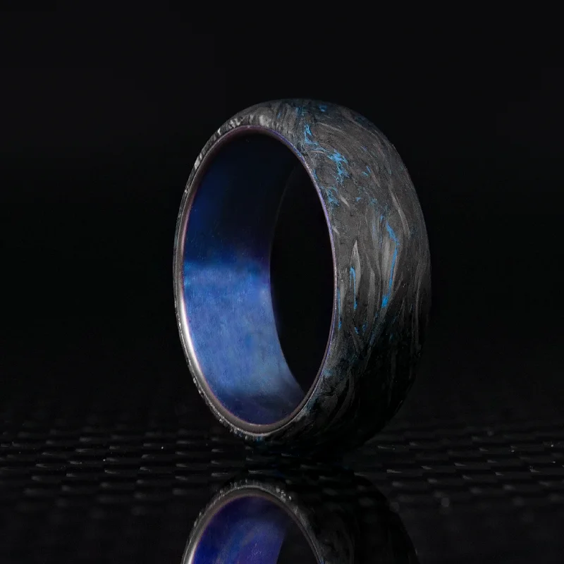 women custom rings -Blue Burl Carbon Fiber Ring with Anodized Titanium Liner