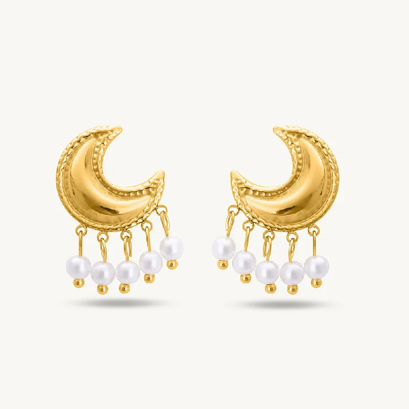 women clip-on earrings -Pearl And Moon Stud Earrings