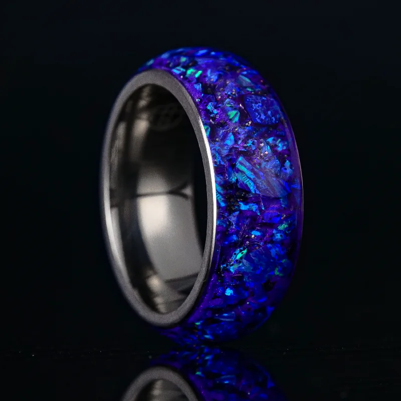 women chic rings -Lavender Opal Halo Glowstone Ring on Titanium