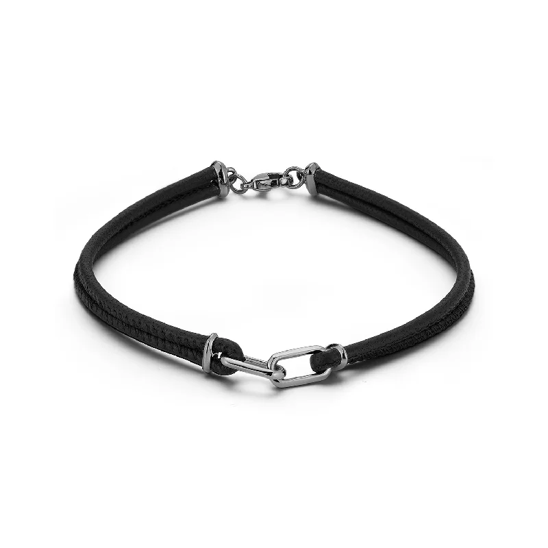 women leather bracelets -SAXON STERLING SILVER AND BLACK RHODIUM DOUBLE LINK NAPA LEATHER BRACELET