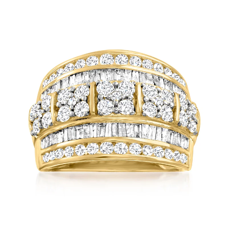 women alternative engagement rings -Ross-Simons Round and Baguette Diamond Multi-Row Ring in 14kt Yellow Gold