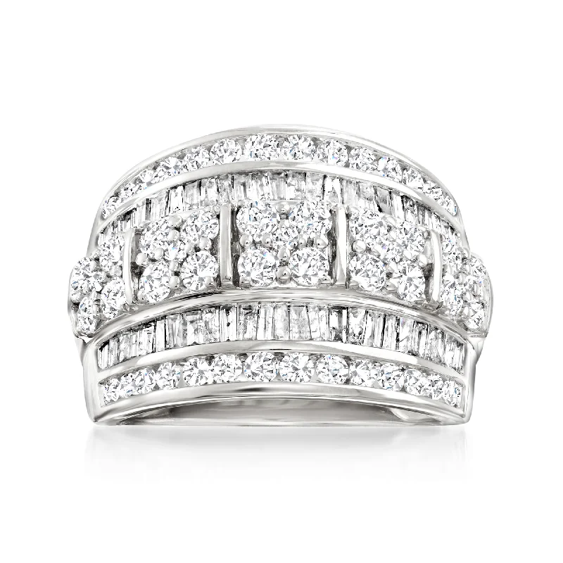 women mixed metal engagement rings -Ross-Simons Round and Baguette Diamond Multi-Row Ring in 14kt White Gold