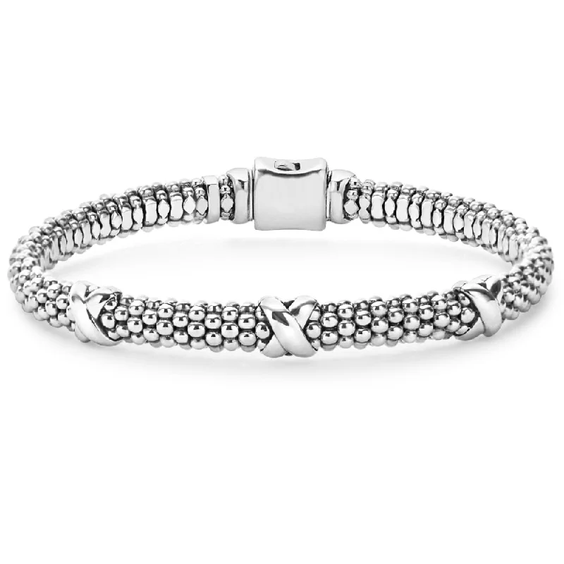 women pearl bangles -Lagos Silver Three Station 'X' Caviar Bracelet, 6mm