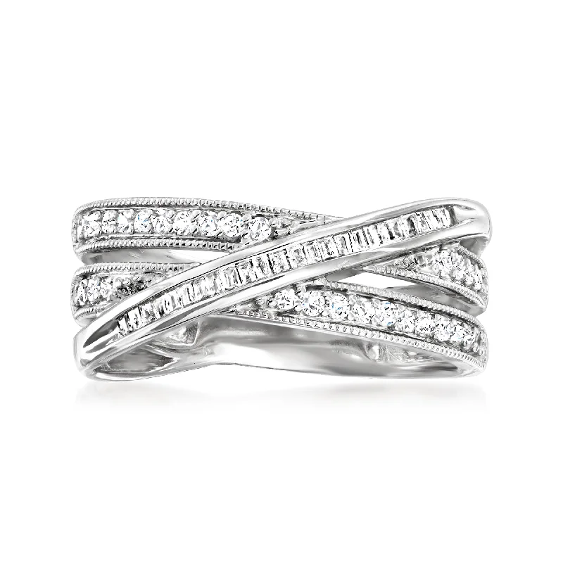 women vintage-inspired engagement rings -Ross-Simons Round and Baguette Diamond Crisscross Highway Ring in Sterling Silver