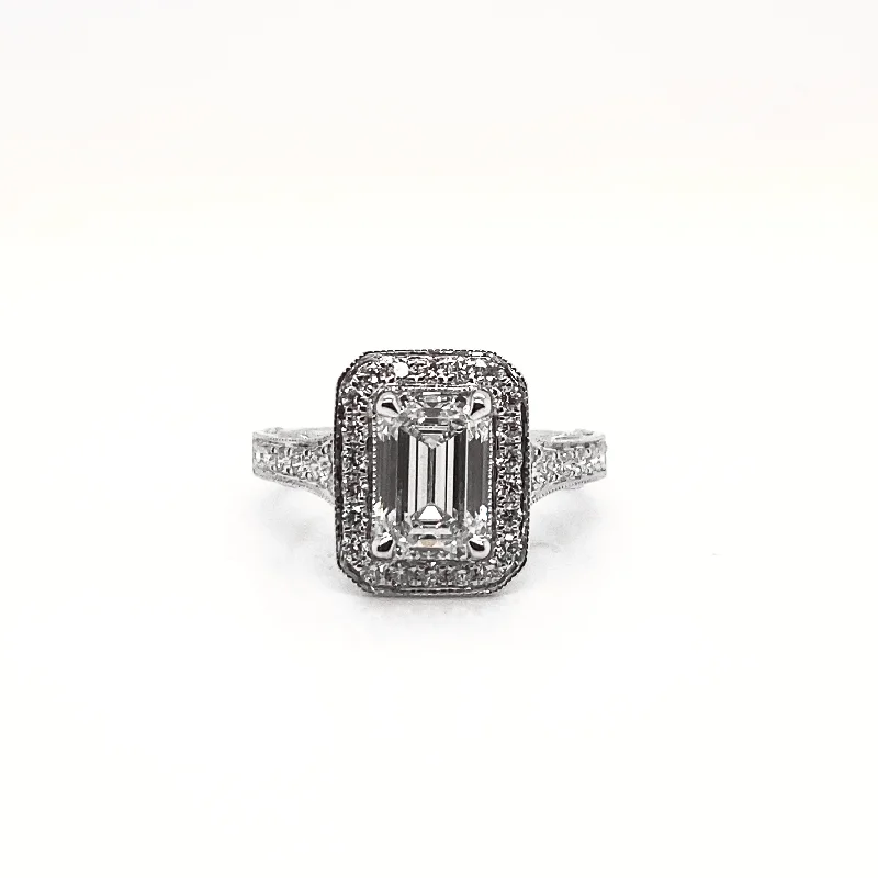 women stacked wedding rings -LADIS 4 Carat Emerald Cut Lab Grown Diamond Engagement Vintage Halo Ring IGI Certified