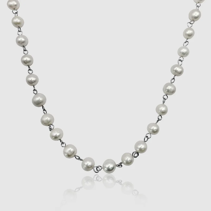 women timeless necklaces -Chained Real Pearl Necklace (Silver)