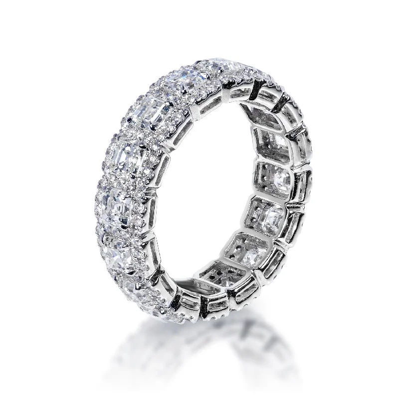 women modern rings -Alia 4 Carat Asscher Diamond With Halos Eternity Band in 18k White Gold Shared Prong