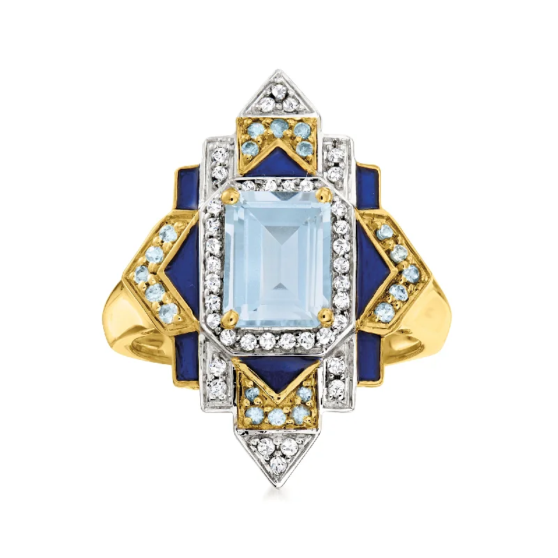 women pave engagement rings -Ross-Simons London Blue, Sky Blue and White Topaz Ring With Blue Enamel in 18kt Gold Over Sterling