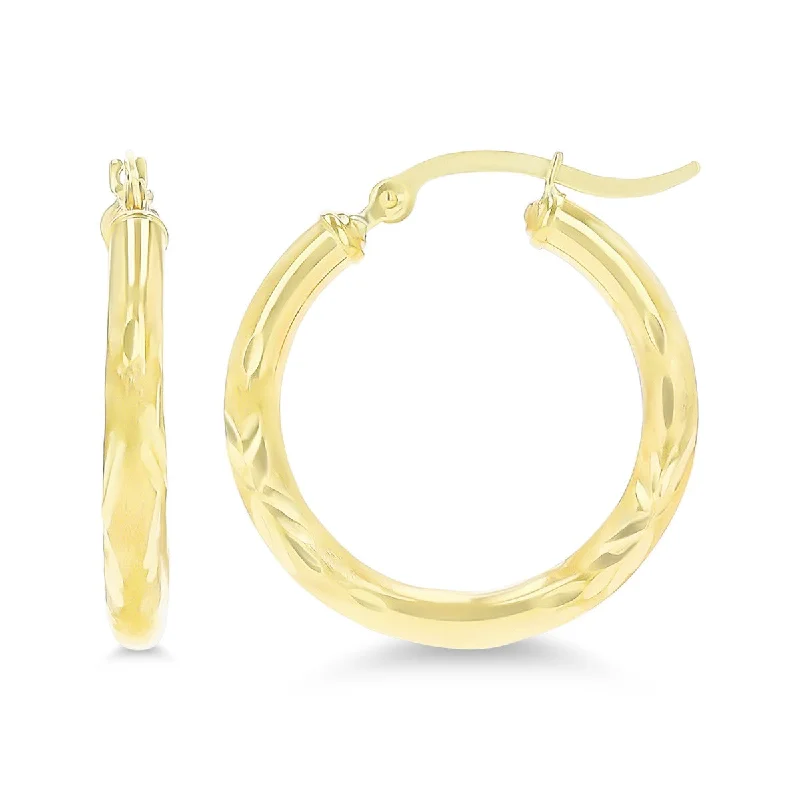 women designer earrings -14KT Yellow Gold 3X25MM Hoop Diamond-cut Earrings