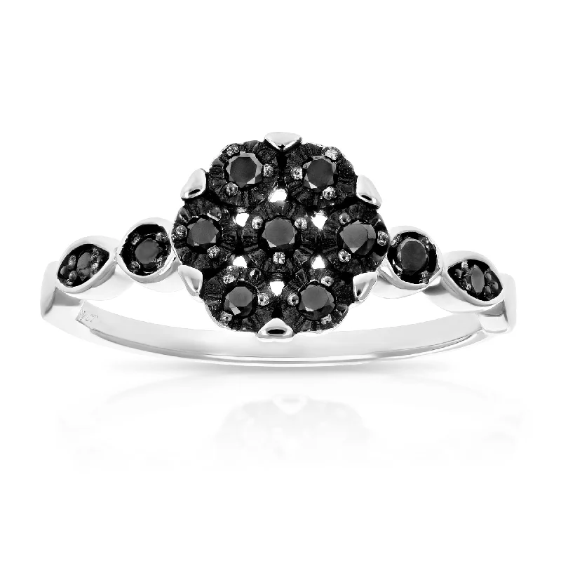 women classic solitaire engagement rings -1/4 cttw Black Diamond Engagement Ring .925 Sterling Silver Cluster Composite