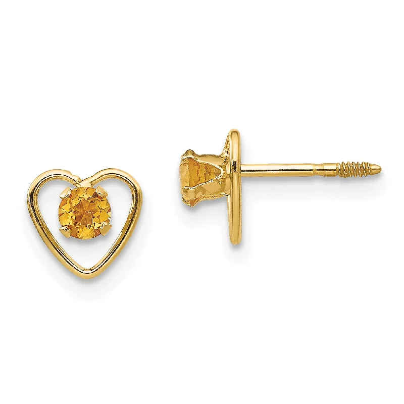 women affordable gold earrings -14KT Yellow Gold 3MM Round Citrine 6MM Heart Childrens Birthstone Earrings