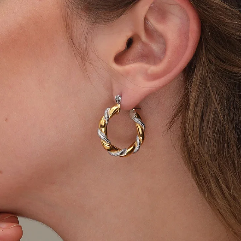 women affordable gold earrings -Golden Silver Twisted Hoop Earrings